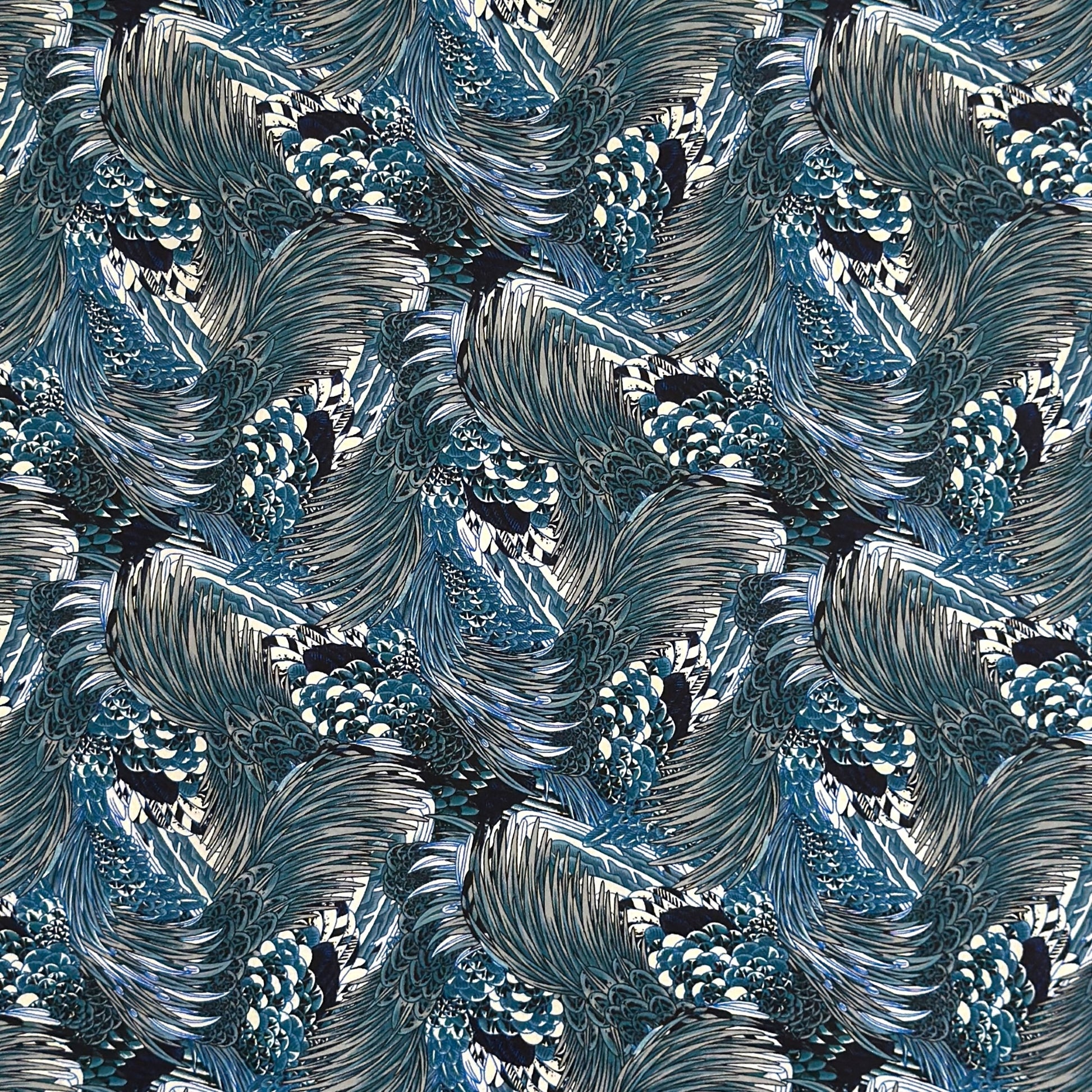 Detailed pattern of the plumage of feathers in tones of blue. Japanese chiyogami paper