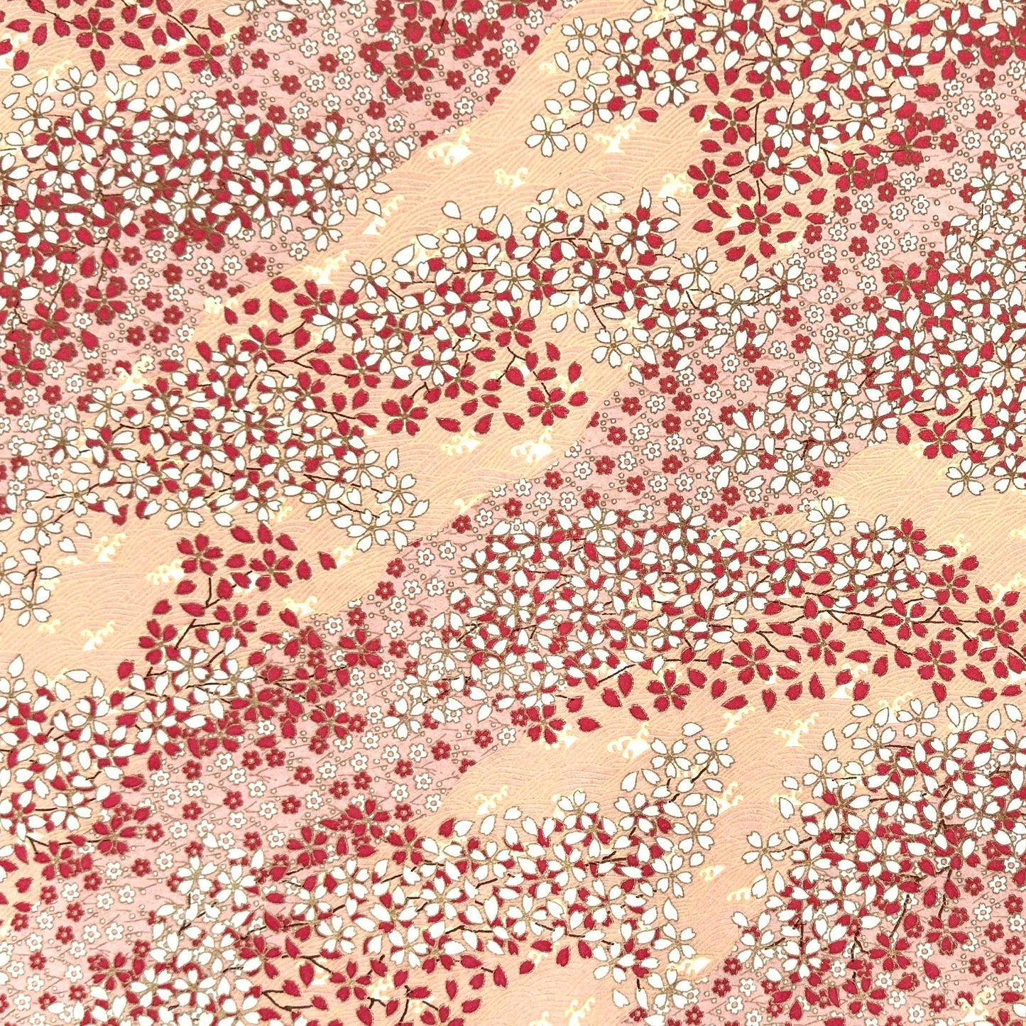 a sheet of Japanese chiyogami paper with a small floral pattern of sakura blossom in shades of pink and white