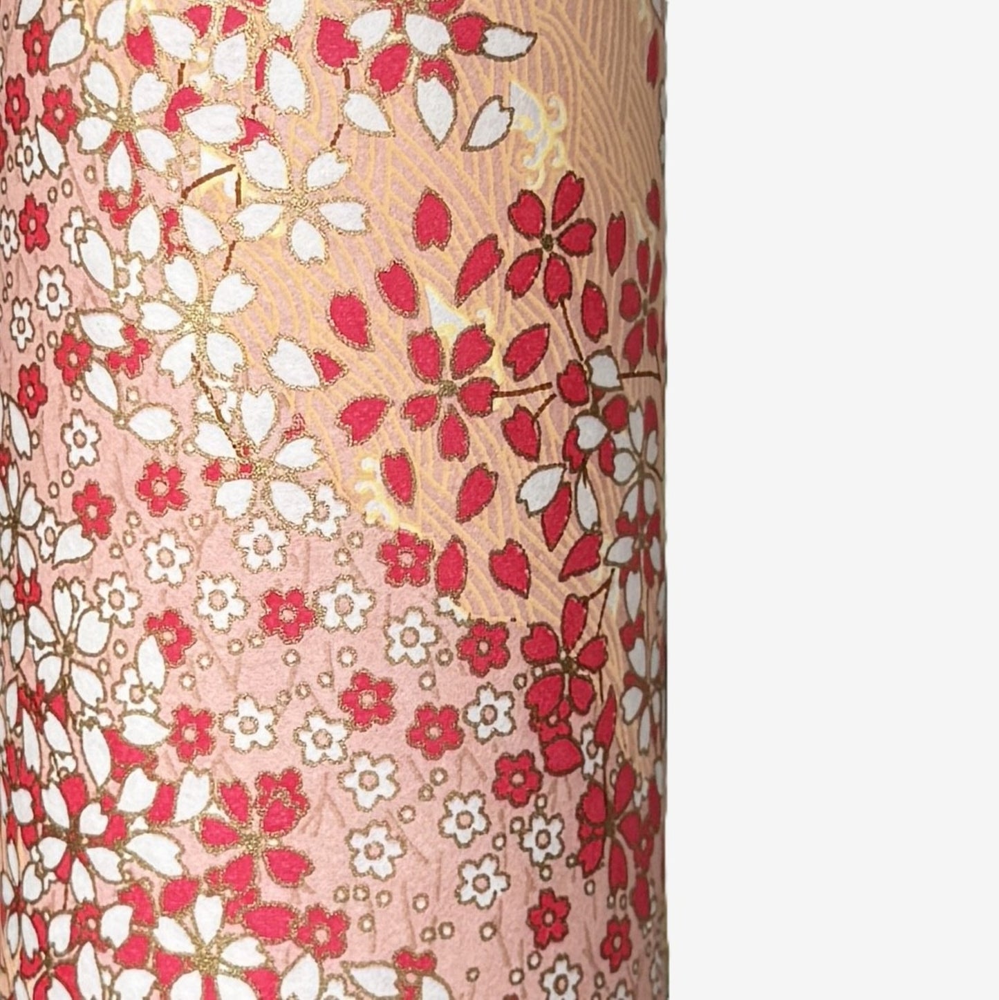a sheet of Japanese chiyogami paper with a small floral pattern of sakura blossom in shades of pink and white