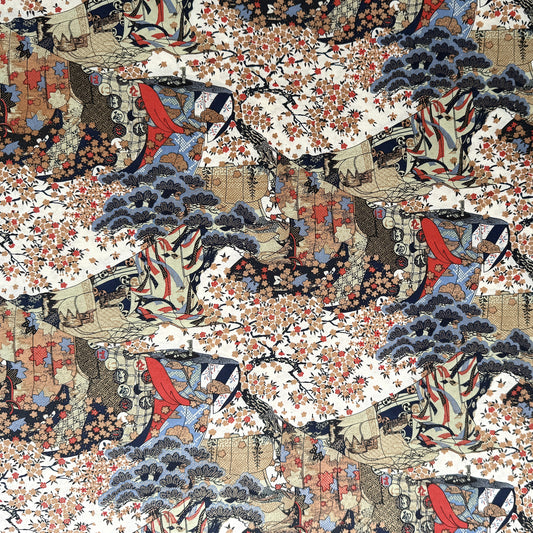 A sheet of Chiyogami paper with a traditional Japanese pattern of a detailed hillside in blue, red, bronze and black. 