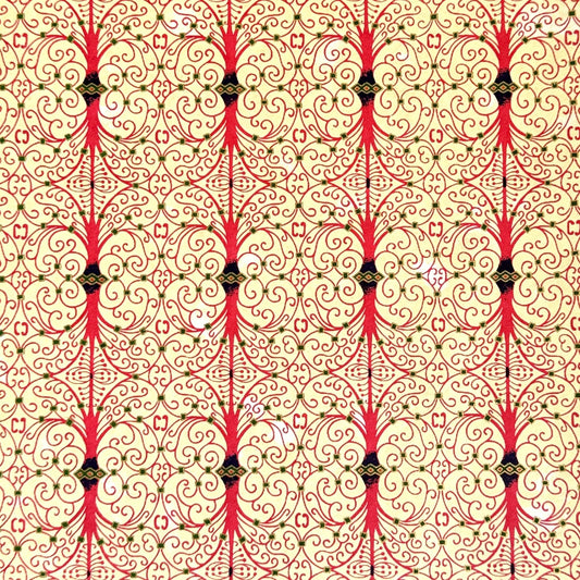 Japanese silkscreen chiyogami paper with a intricate filigree trellis design in pink with gold accent