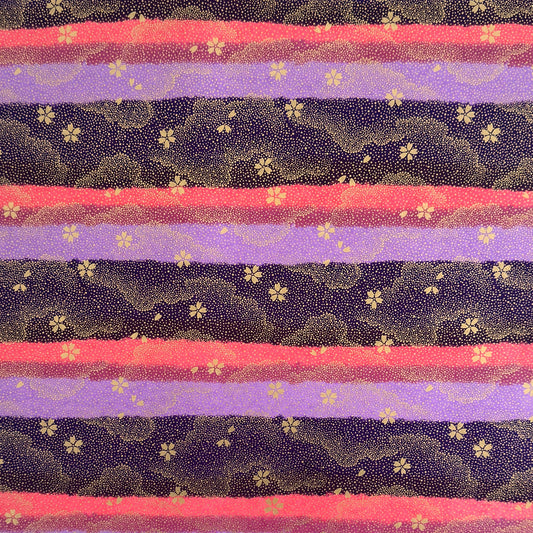 japanese chiyogami paper in stripes of pink, lilac and purple with gold clouds and flowers