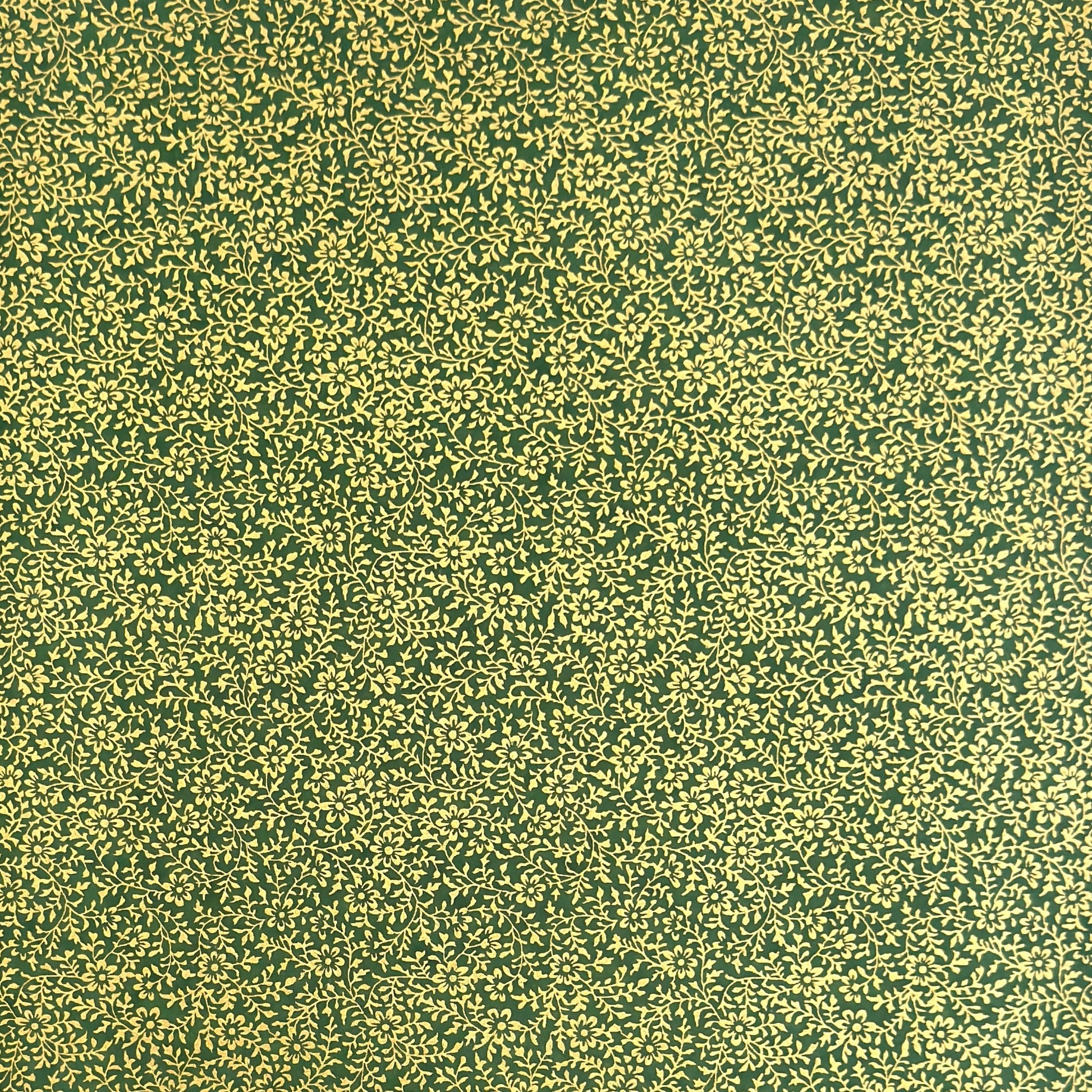 Dainty gold botanical repeat pattern on dark green. Japanese chiyogami paper.