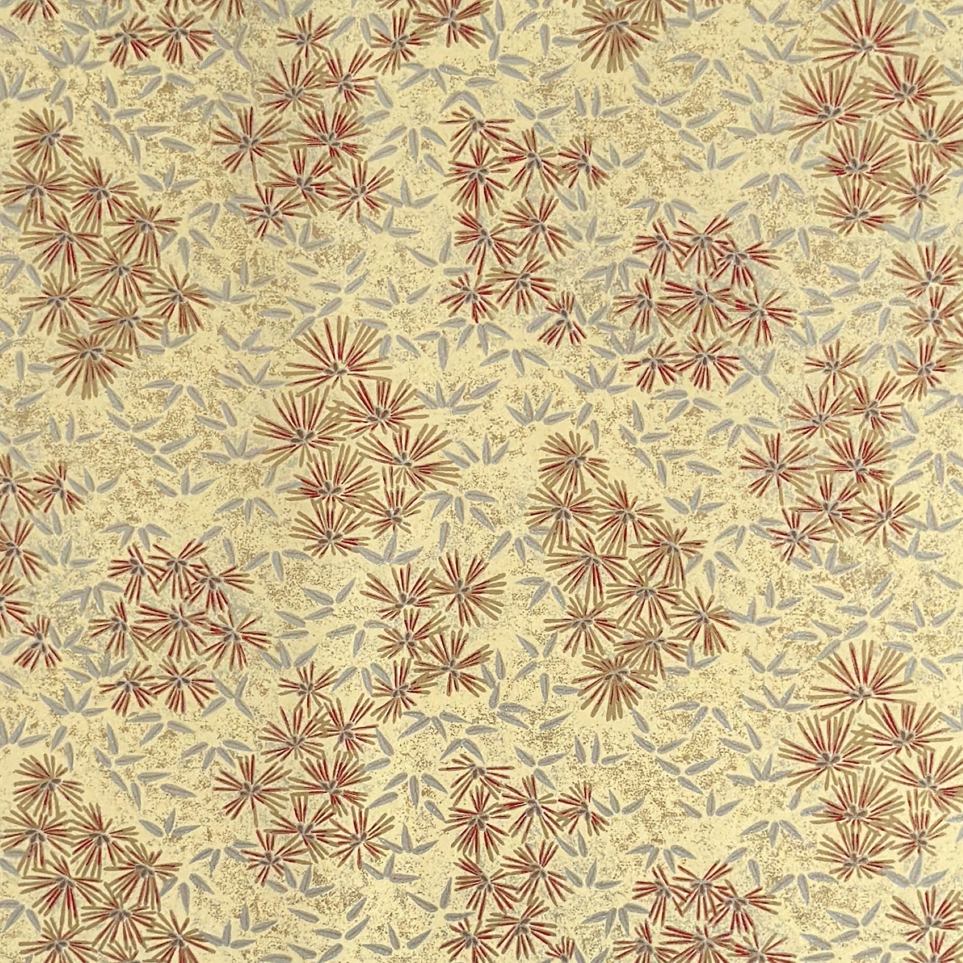Pattern of scattered pine needles (matsuba) in gold and silver on a cream backdrop. Japanese chiyogami paper
