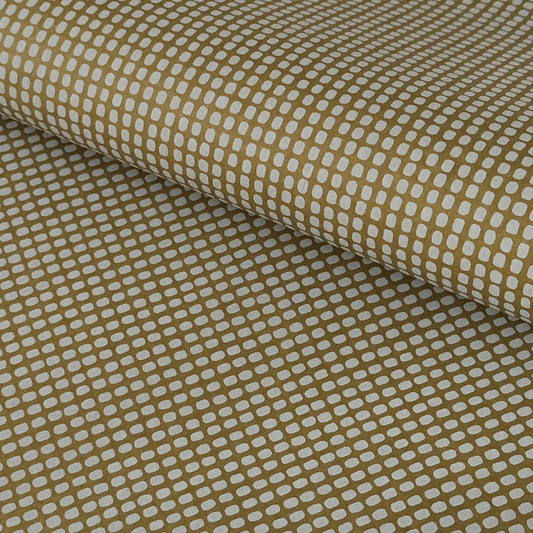 a sheet of Japanese chiyogami paper in olive green with a repeat pattern of light grey rounded rectangles