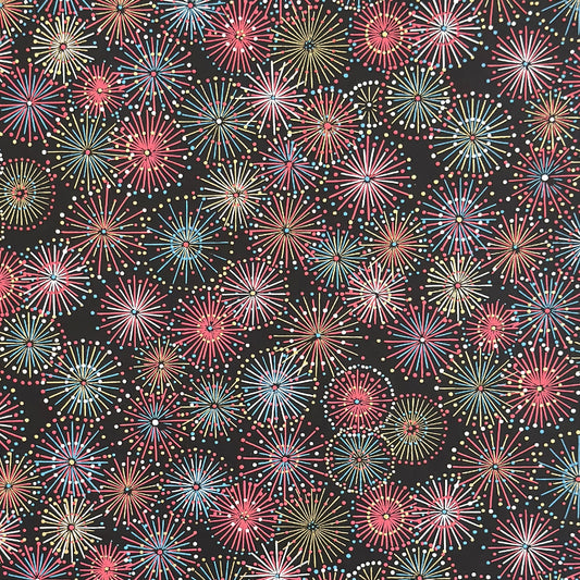Colourful fireworks (hanabi) on a black background. Japanese chiyogami paper