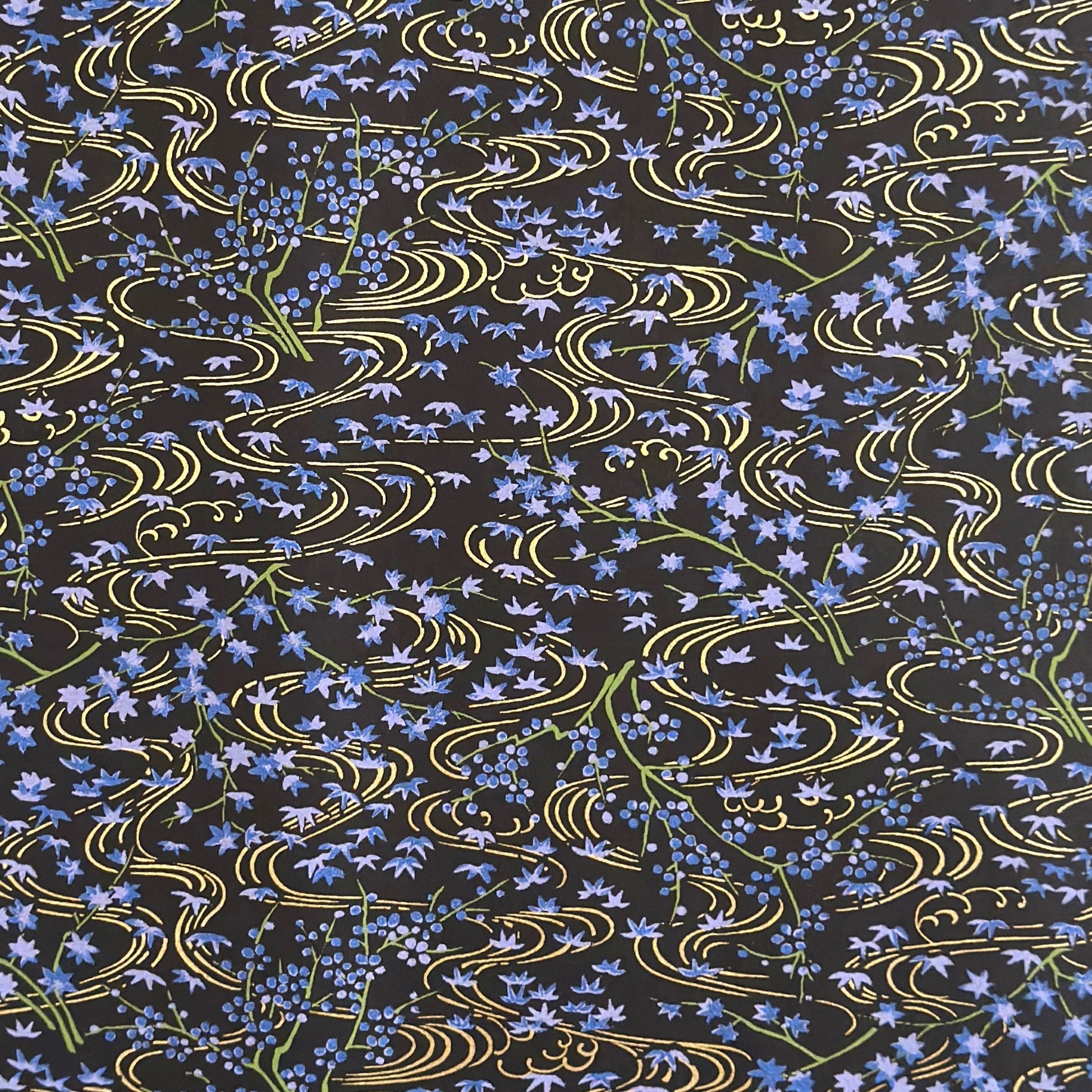 Gold rivers (kawa) with purple falling leaves (fukiyose) and foliage on a black backdrop. Japanese chiyogami paper