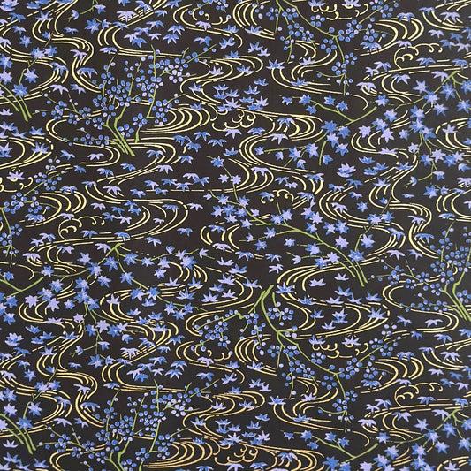 Gold rivers (kawa) with purple falling leaves (fukiyose) and foliage on a black backdrop. Japanese chiyogami paper