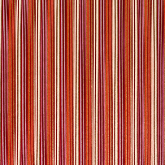 Japanese silkscreen chiyogami paper with a classic narrow stripe pattern in berry tones of red, pink, purple and gold.