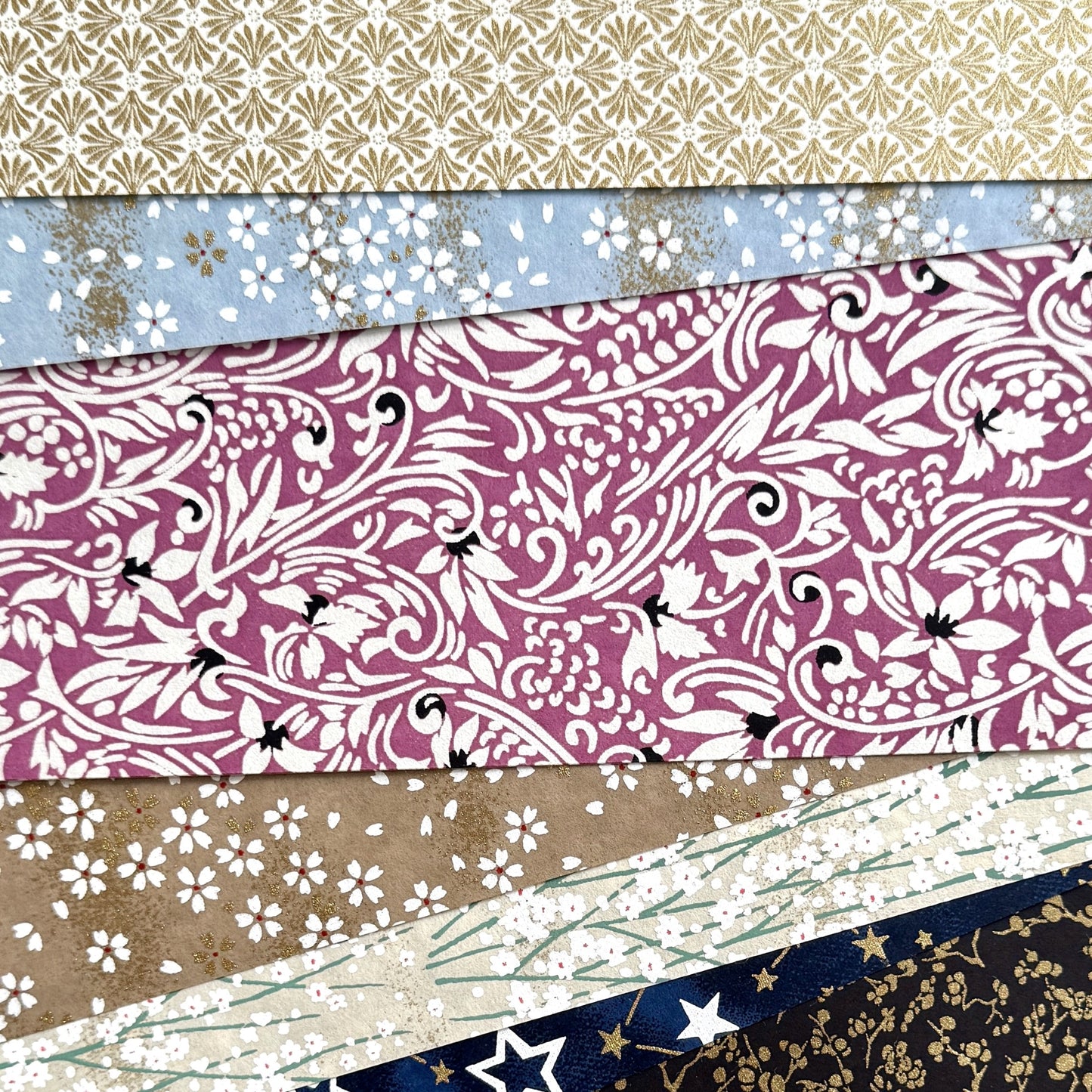 a sheet of Japanese silkscreen printed chiyogami yuzen paper with a micro floral pattern in aubergine, white and black.
