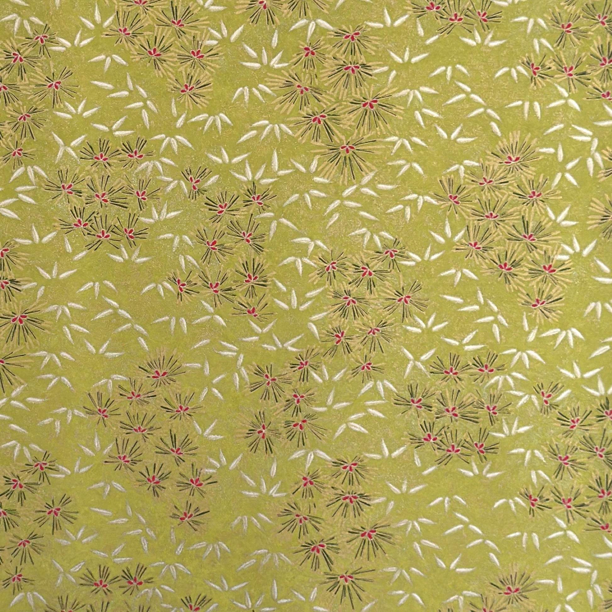 Pattern of scattered pine needles (matsuba) in gold and silver on an olive backdrop.  Japanese chiyogami paper