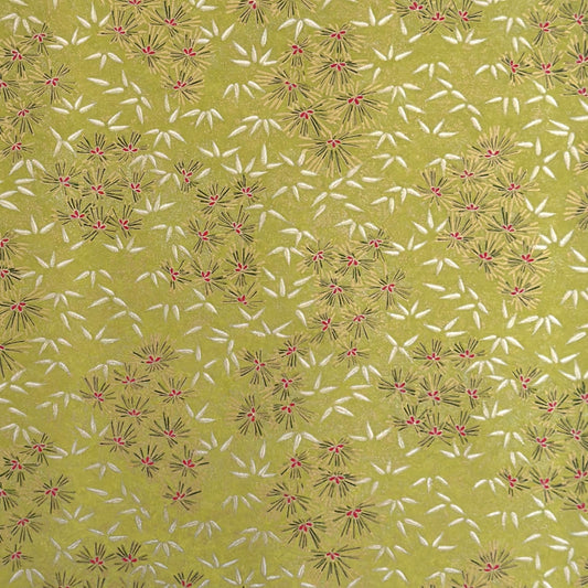 Pattern of scattered pine needles (matsuba) in gold and silver on an olive backdrop.  Japanese chiyogami paper