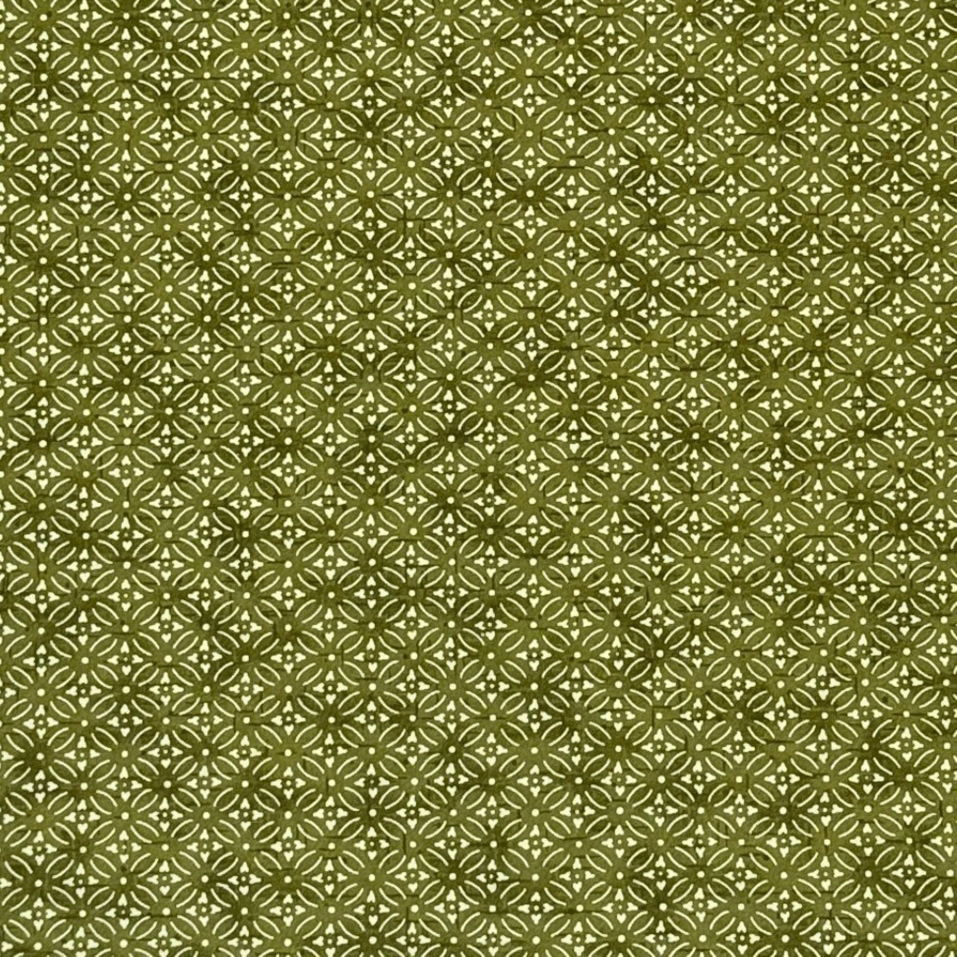 Japanese silkscreen chiyogami paper with a two-tone rich green geometric pattern on creamy white