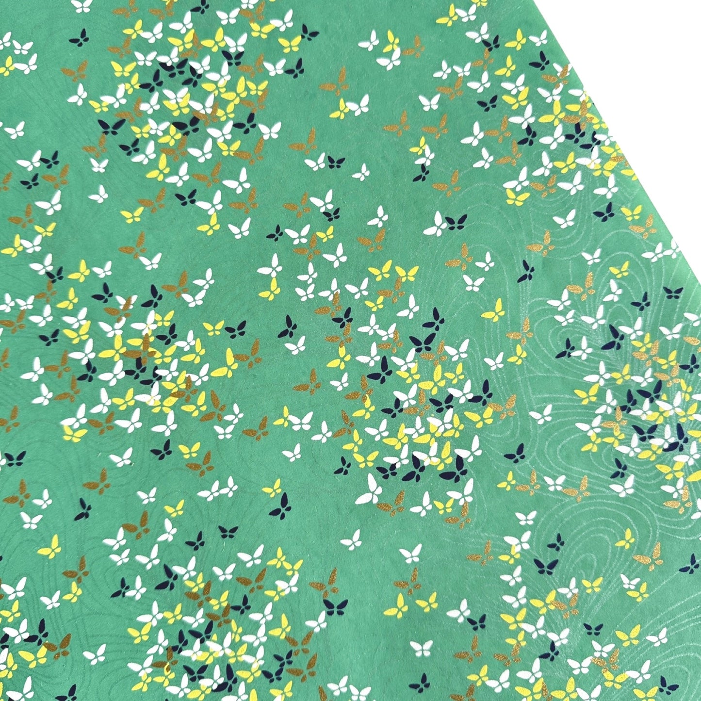 Japanese silkscreen chiyogami paper with a delicate butterfly pattern on a teal backdrop