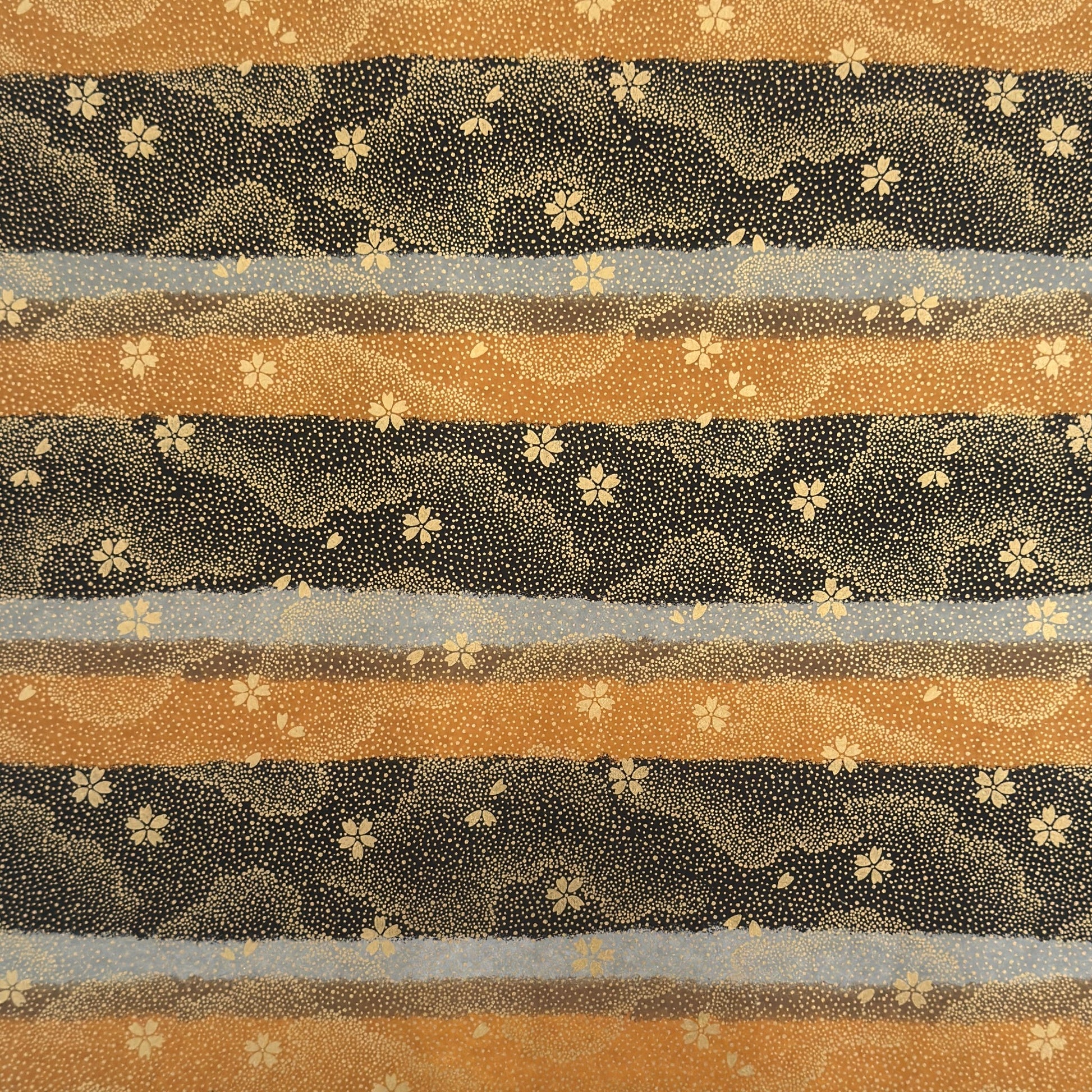 japanese chiyogami paper in stripes of black, brown, ochre and grey with gold clouds and flowers