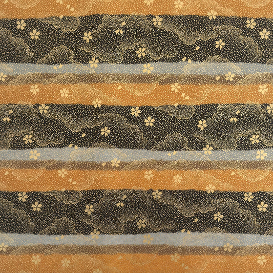 japanese chiyogami paper in stripes of black, brown, ochre and grey with gold clouds and flowers