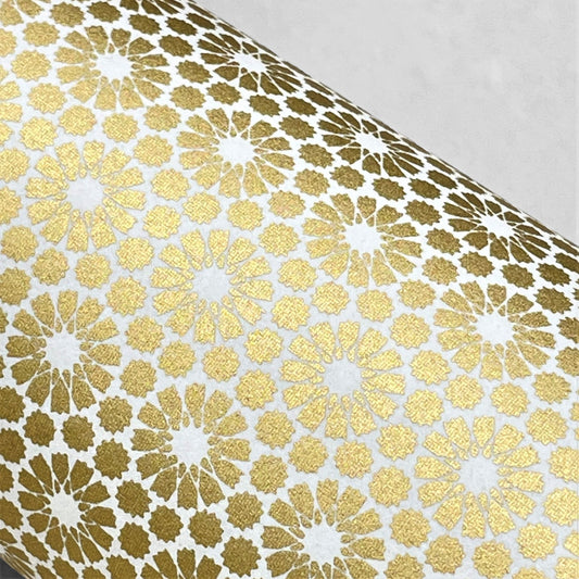 japanese silk-screen handmade paper showing gold repeat chrysanthemum flower motif repeat
