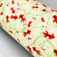 japanese silk-screen handmade paper showing scarlet goldfish on a two-one green