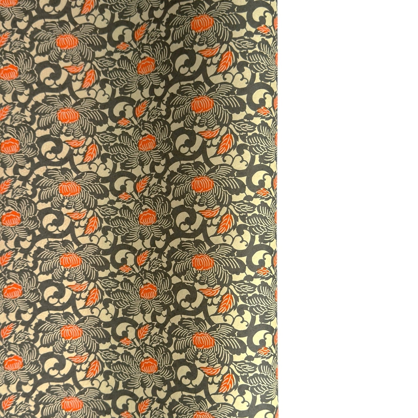 japanese silk-screen handmade paper showing grey and orange peony flower repeat pattern