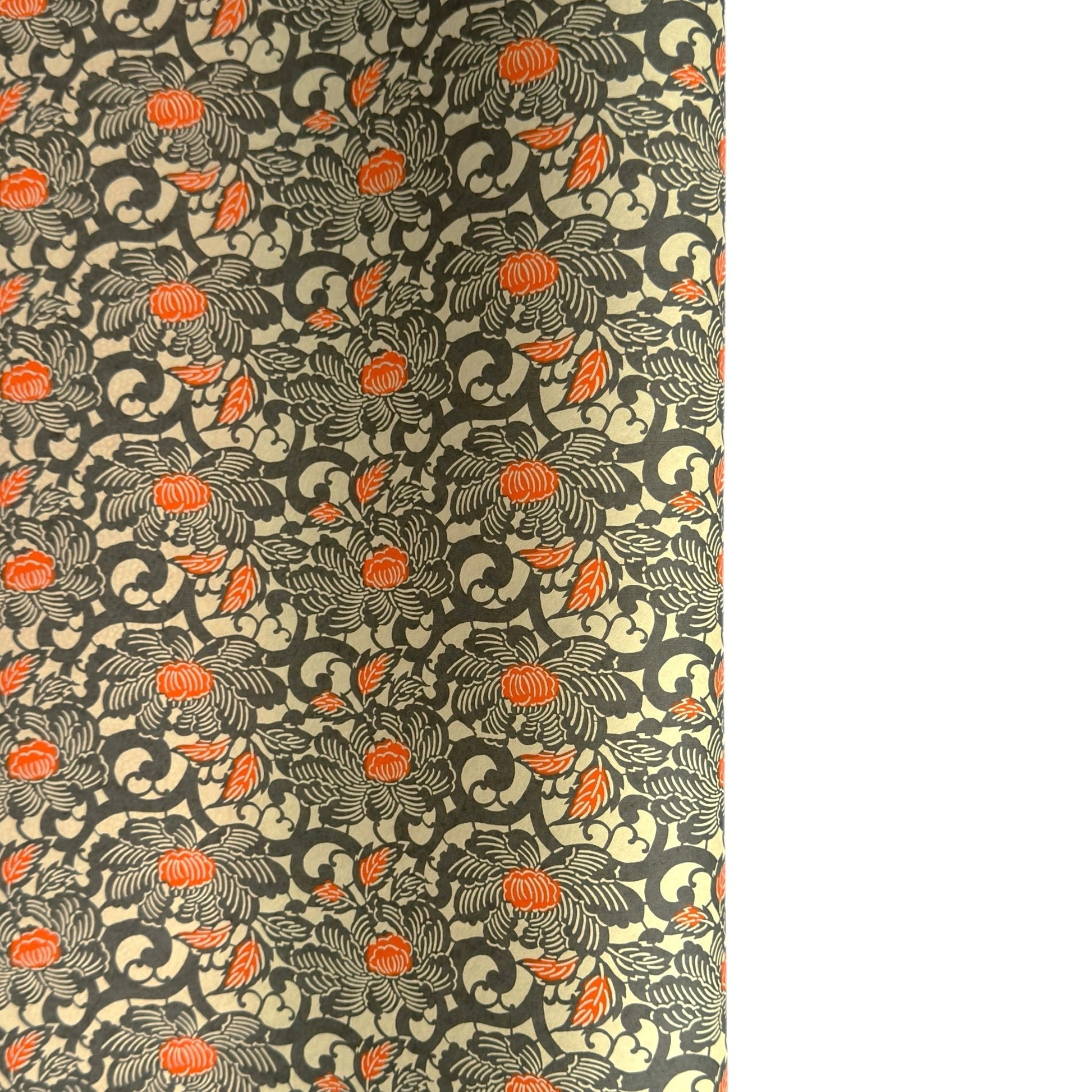japanese silk-screen handmade paper showing grey and orange peony flower repeat pattern