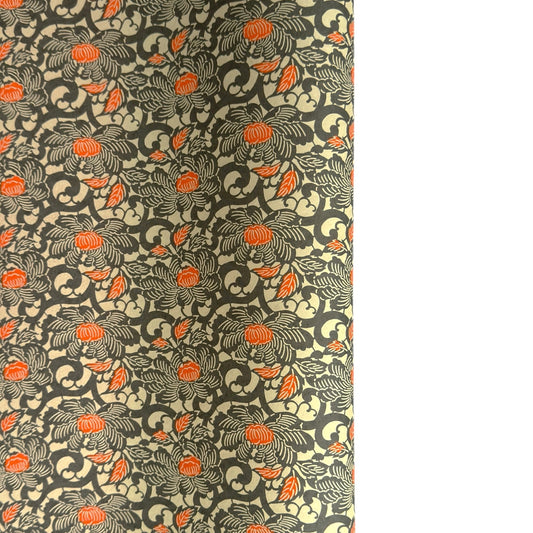 japanese silk-screen handmade paper showing grey and orange peony flower repeat pattern