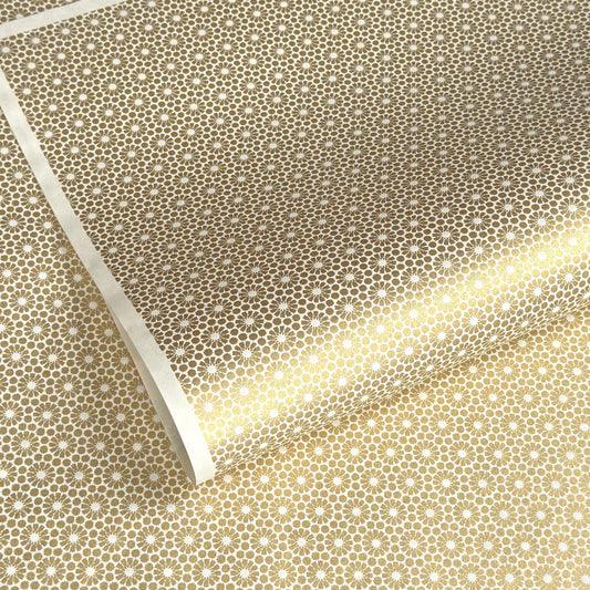 japanese silk-screen handmade paper showing gold repeat chrysanthemum flower motif repeat