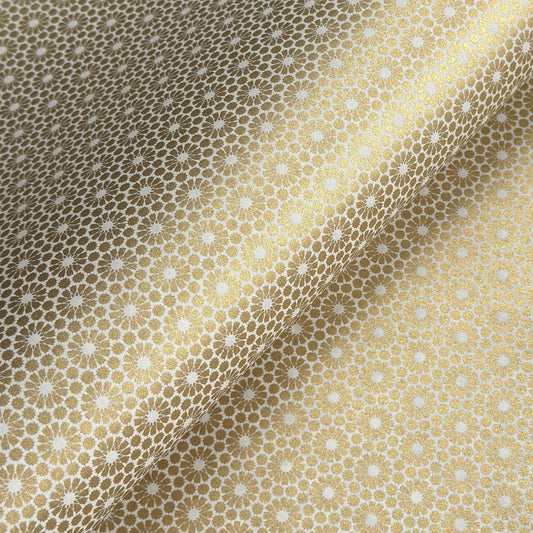 japanese silk-screen handmade paper showing gold repeat chrysanthemum flower motif repeat
