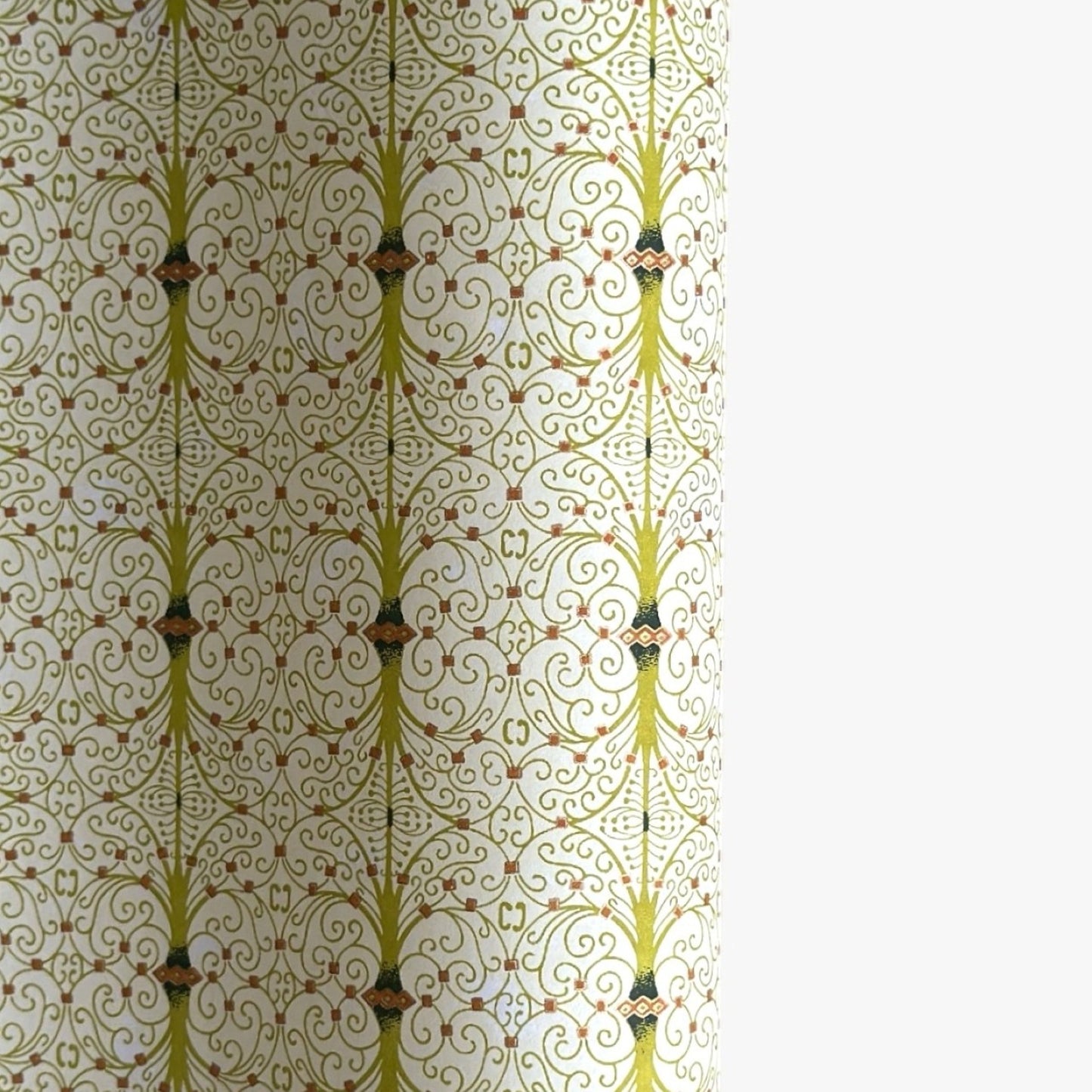 japanese silk-screen handmade paper showing green filigree pattern with gold accents