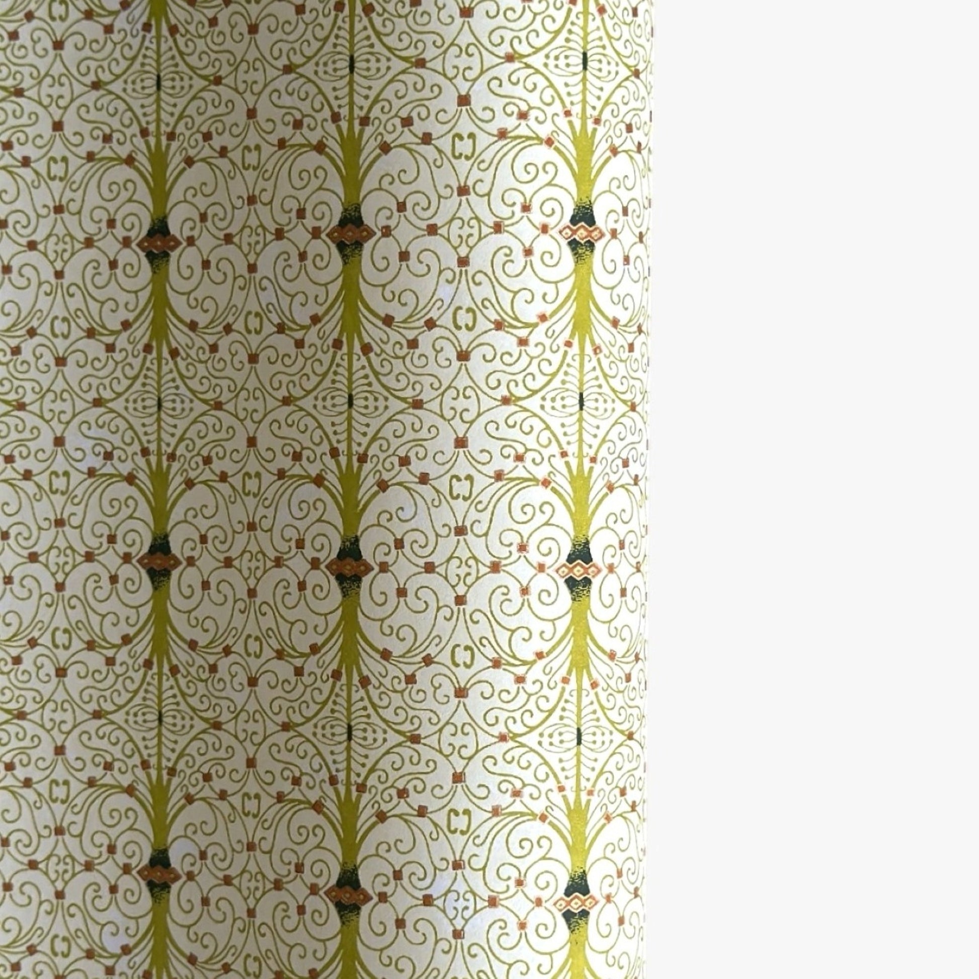 japanese silk-screen handmade paper showing green filigree pattern with gold accents