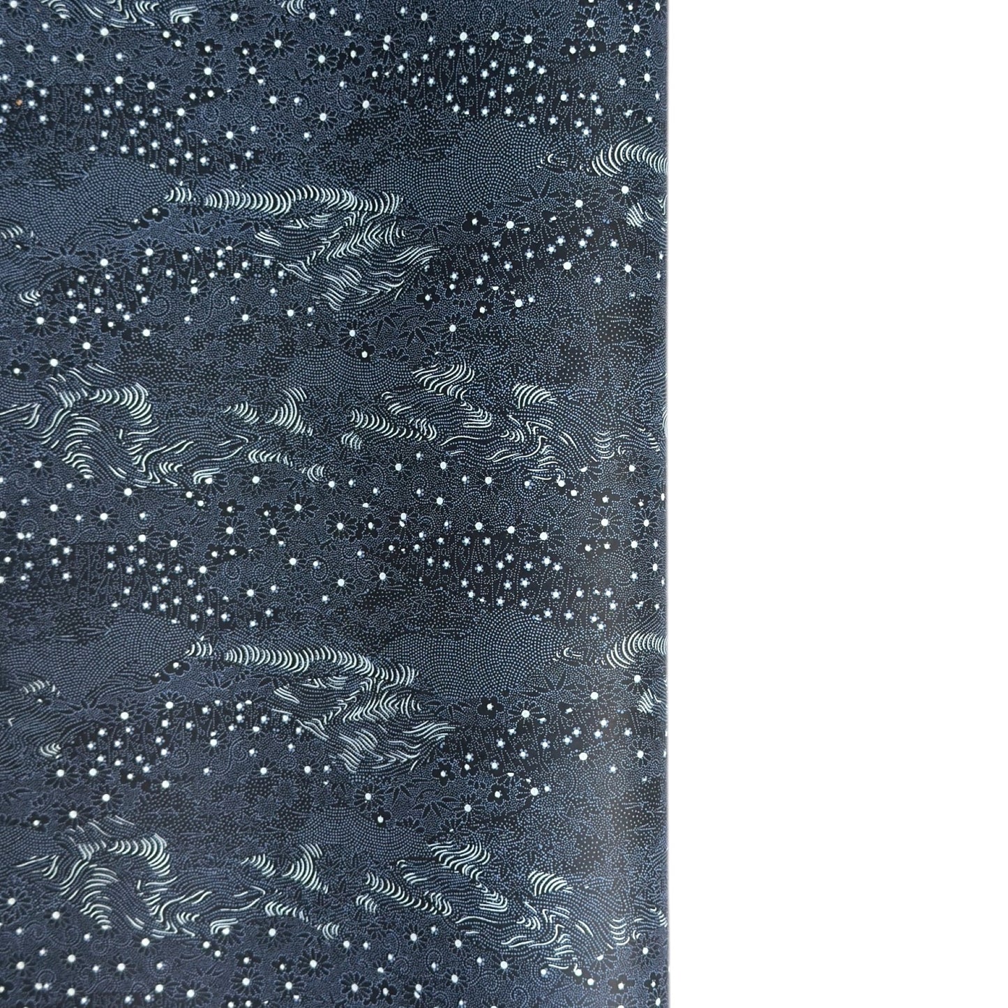Japanese chiyogami paper.  Inky blue with a subtle pattern of a riverbank of flowers.  