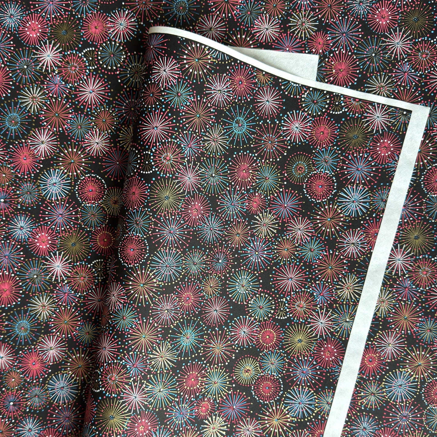 Colourful fireworks (hanabi) on a black background. Japanese chiyogami paper