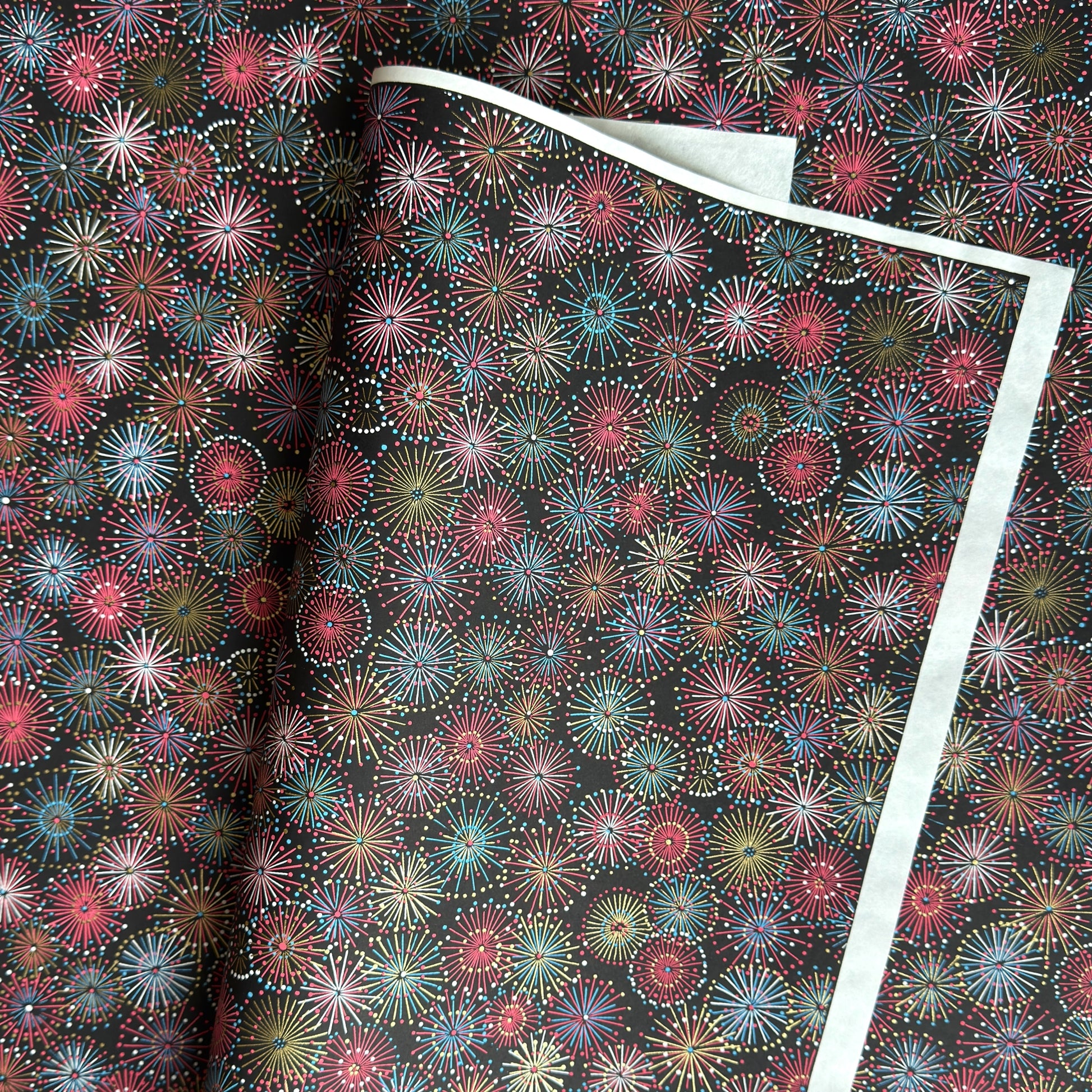 Colourful fireworks (hanabi) on a black background. Japanese chiyogami paper