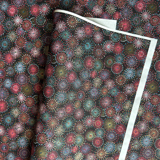Colourful fireworks (hanabi) on a black background. Japanese chiyogami paper