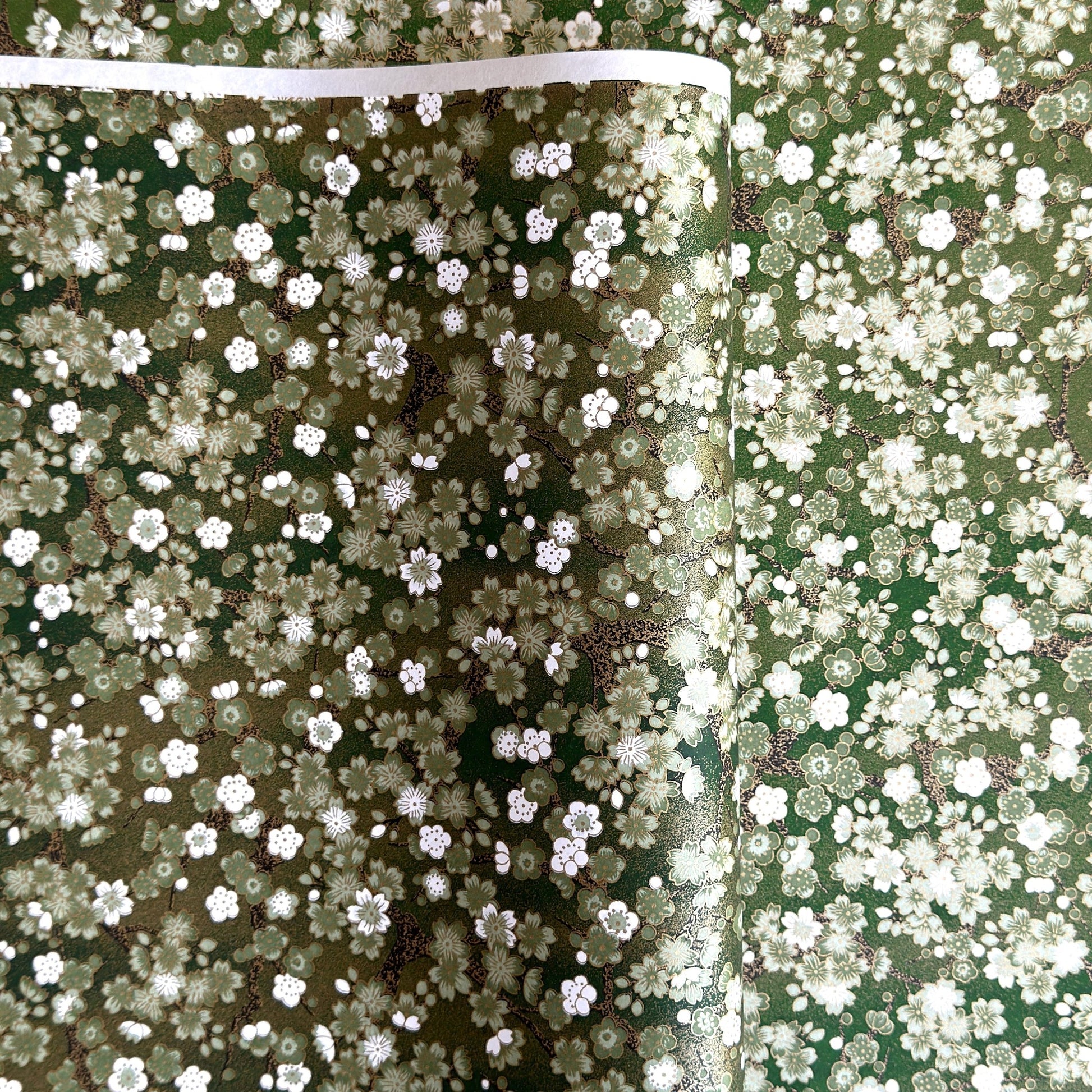 Japanese chiyogami paper with white and pale green blossom flowers on dark green backdrop.