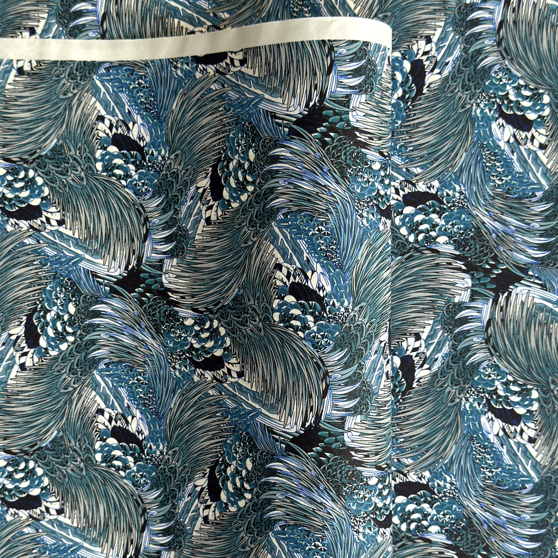 Detailed pattern of the plumage of feathers in tones of blue. Japanese chiyogami paper