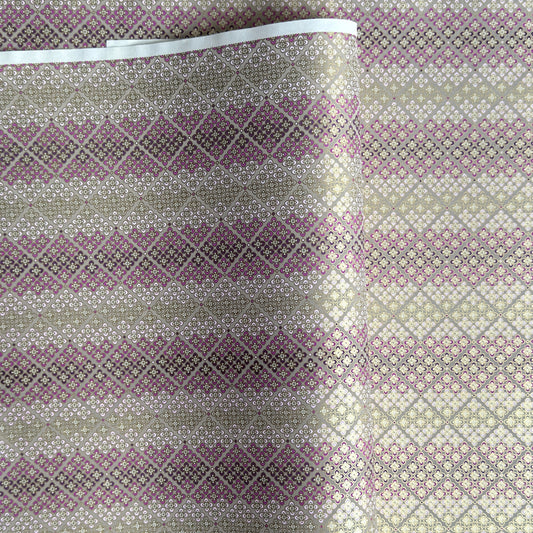 Japanese chiyogami silkscreen printed paper with rows of small flower motifs in purple, lilac and white on a taupe background with gold accents.
