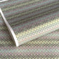 Japanese silkscreen chiyogami paper with a repeat pattern of stripes of a small floral motif in black, lilac and blue on a moss green backdrop