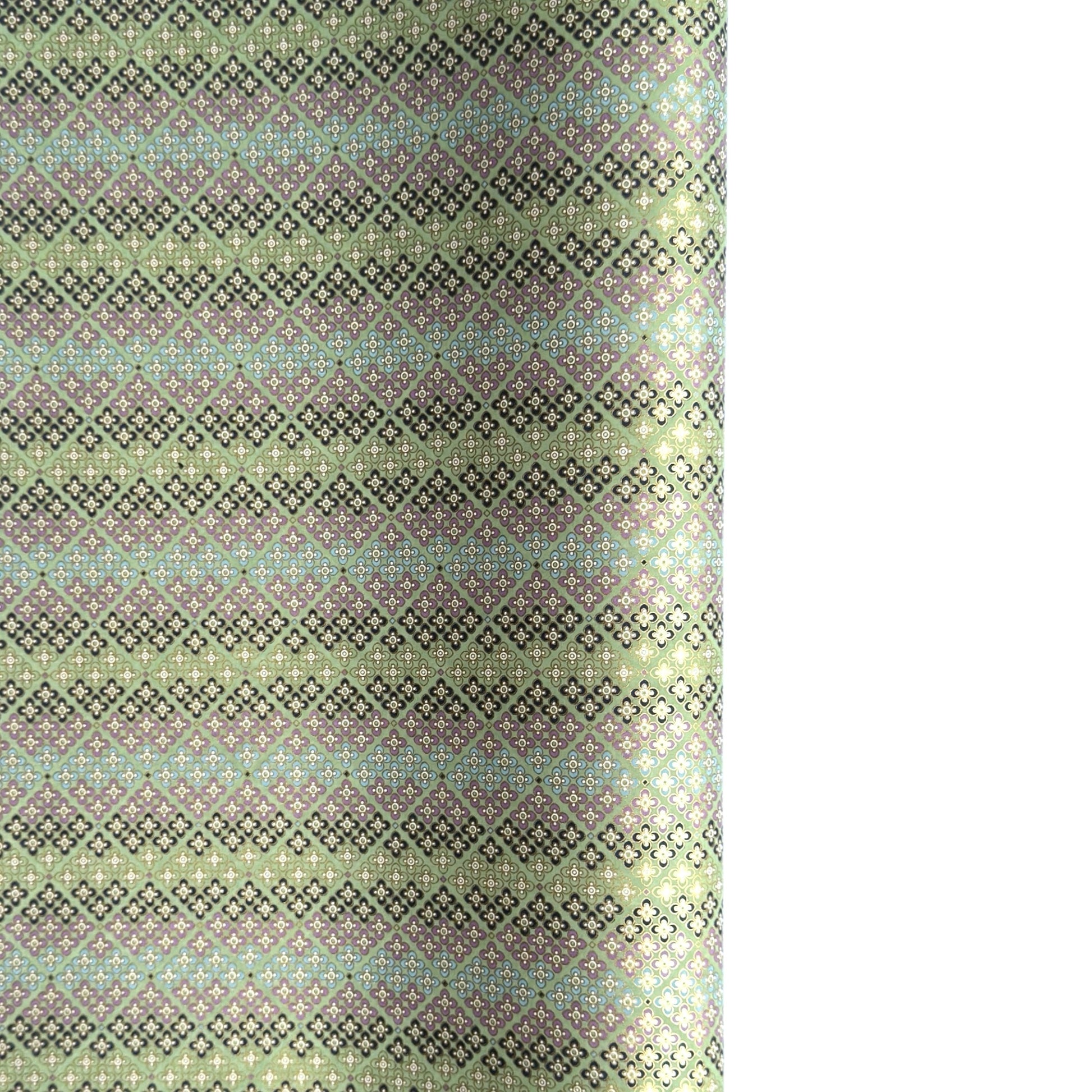 Japanese silkscreen chiyogami paper with a repeat pattern of stripes of a small floral motif in black, lilac and blue on a moss green backdrop