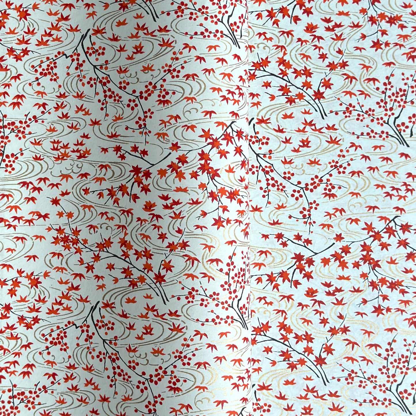 a sheet of japanese silkscreen printed chiyogami paper with a pattern of gold rivers, red falling leaves on a soft aqua background