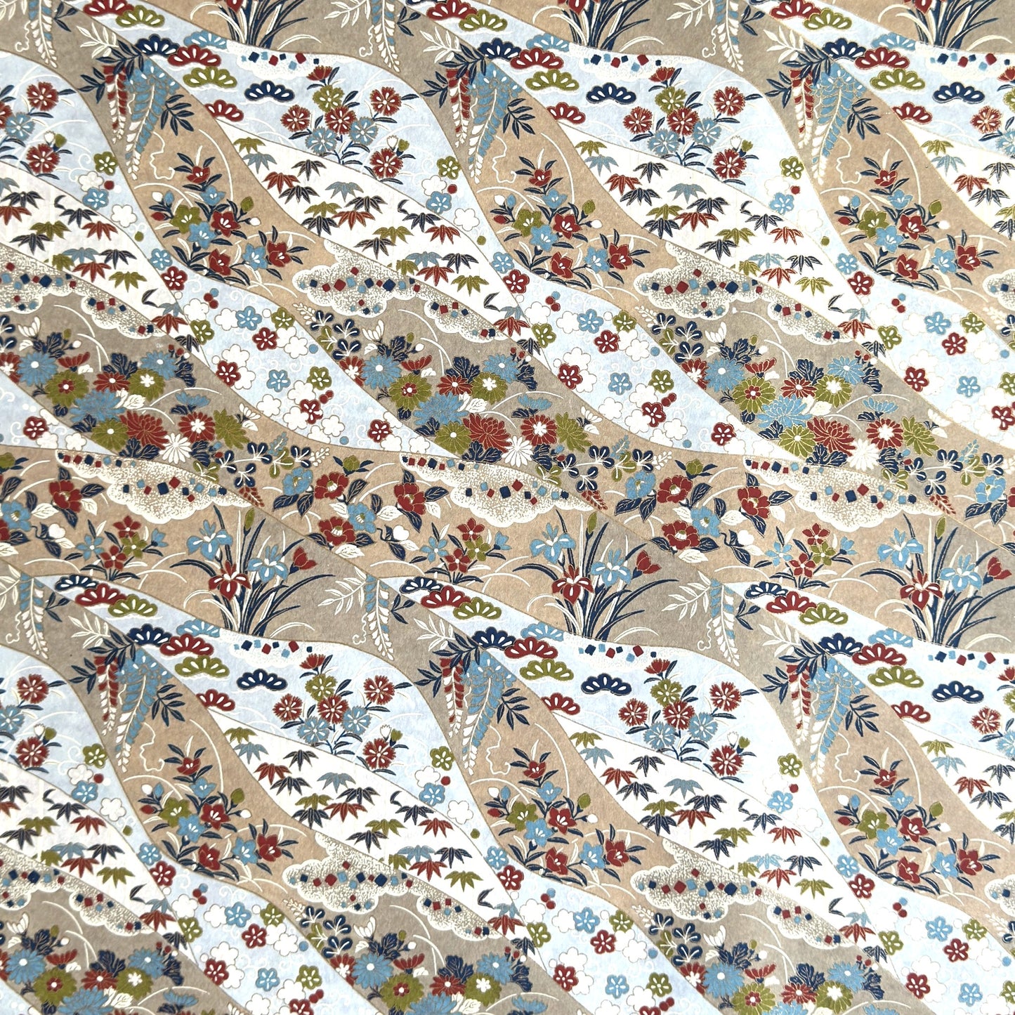 japanese silk-screen handmade paper showing taupe and pale blue waves pattern with multicolour flowers and foliage, with gold accents