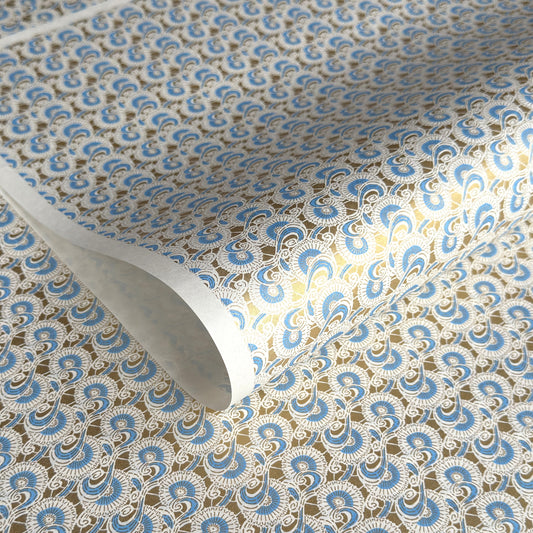 Japanese silkscreen chiyogami paper with a repeat floral pattern in gold an cerulean blue