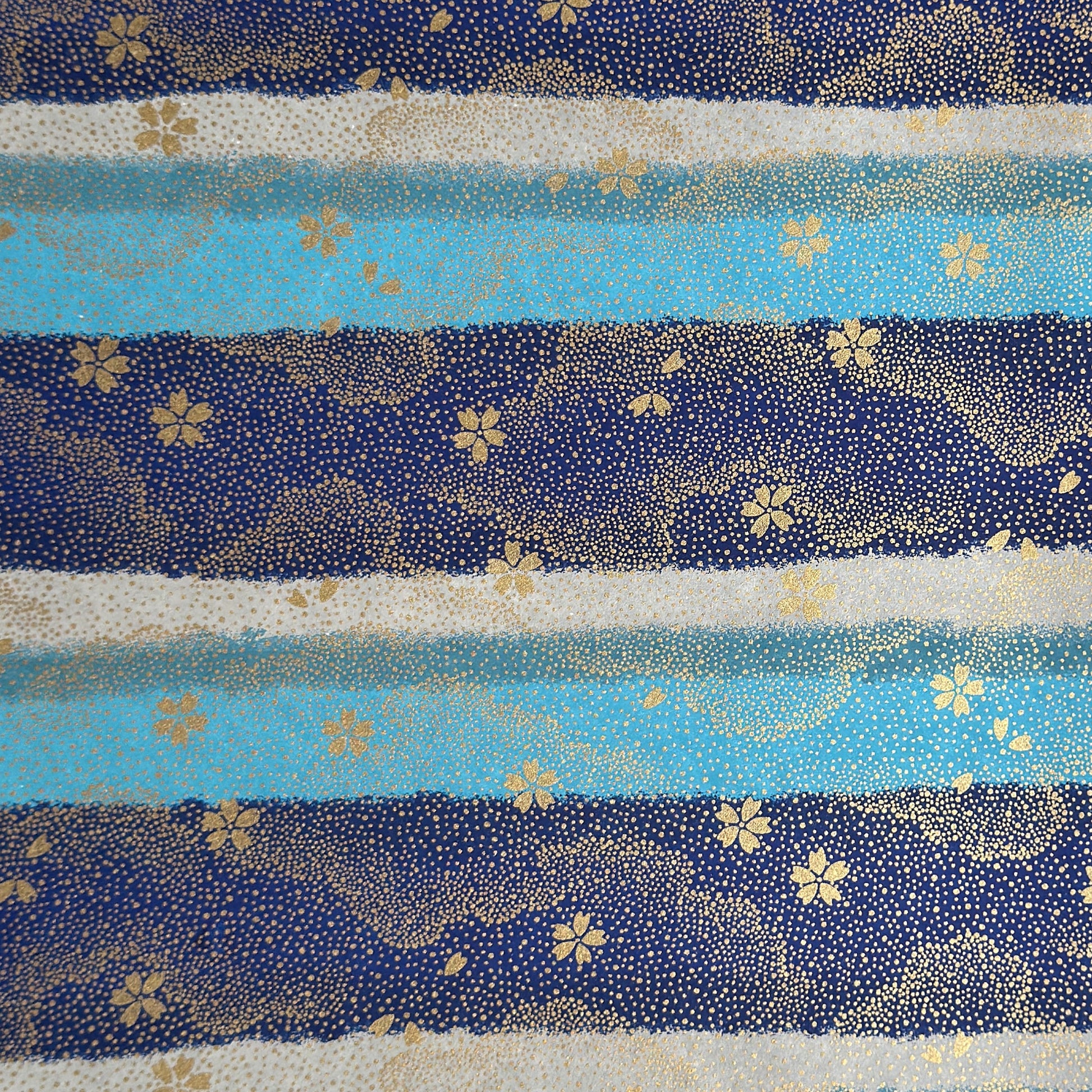 japanese chiyogami paper in stripes of blue, turquoise and grey with gold clouds and flowers