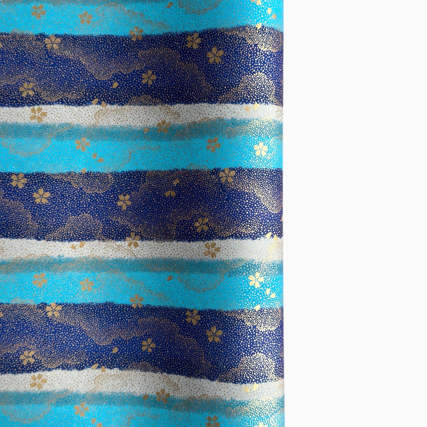 japanese chiyogami paper in stripes of blue, turquoise and grey with gold clouds and flowers