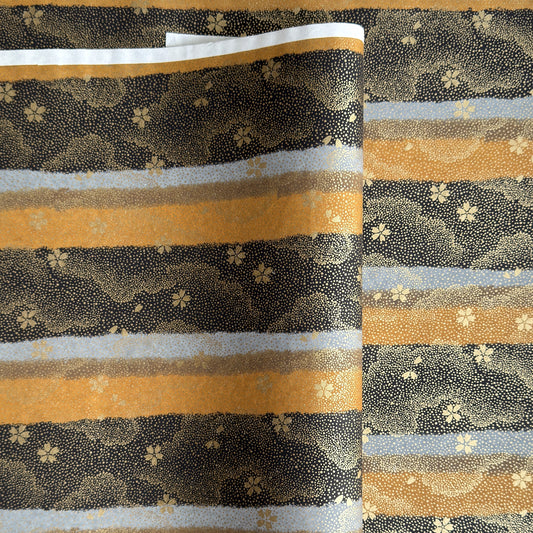 japanese chiyogami paper in stripes of black, brown, ochre and grey with gold clouds and flowers