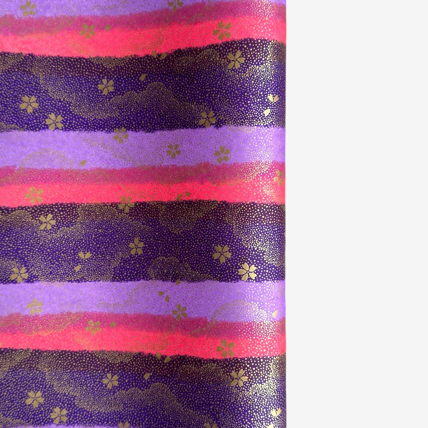 japanese chiyogami paper in stripes of pink, lilac and purple with gold clouds and flowers