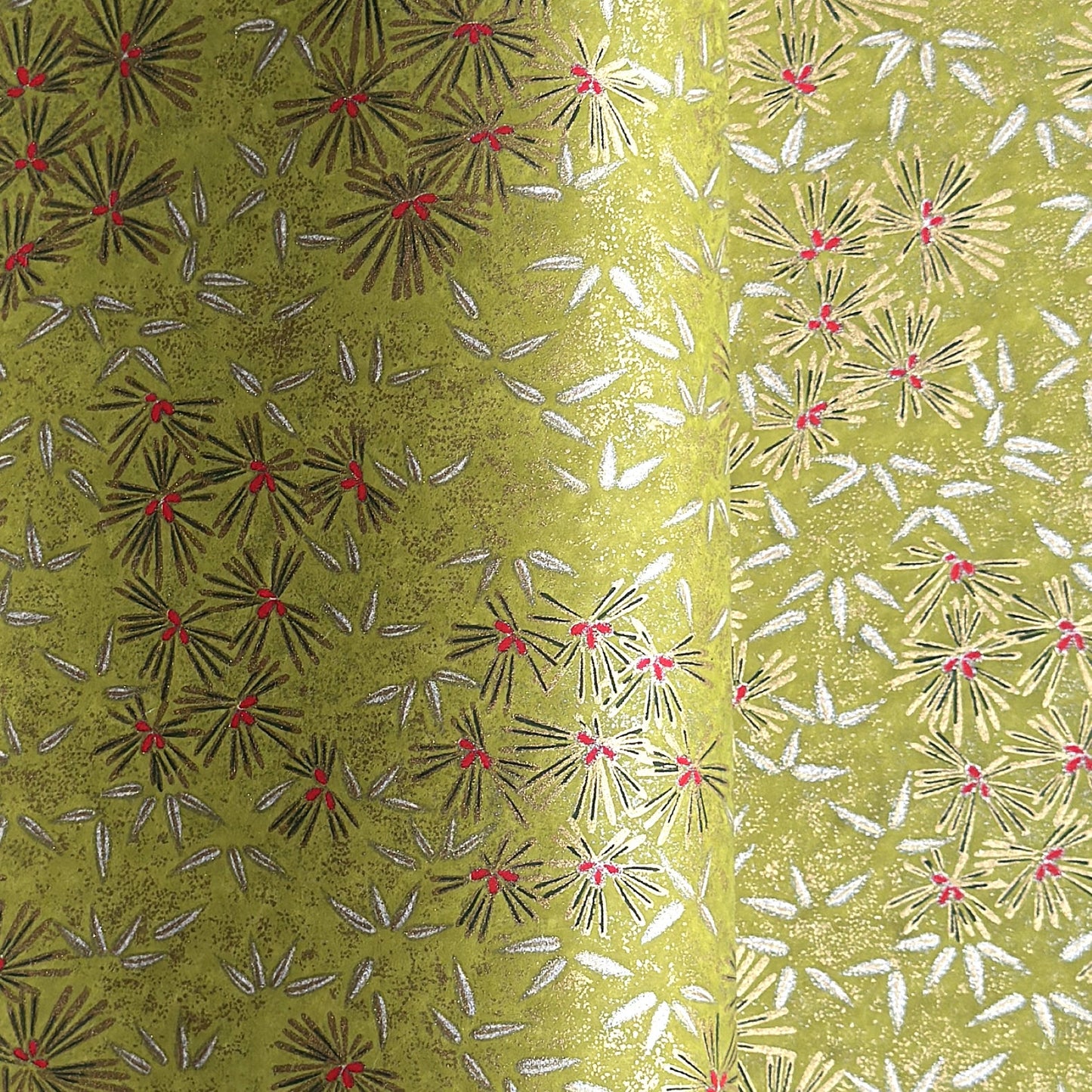 Pattern of scattered pine needles (matsuba) in gold and silver on an olive backdrop.  Japanese chiyogami paper