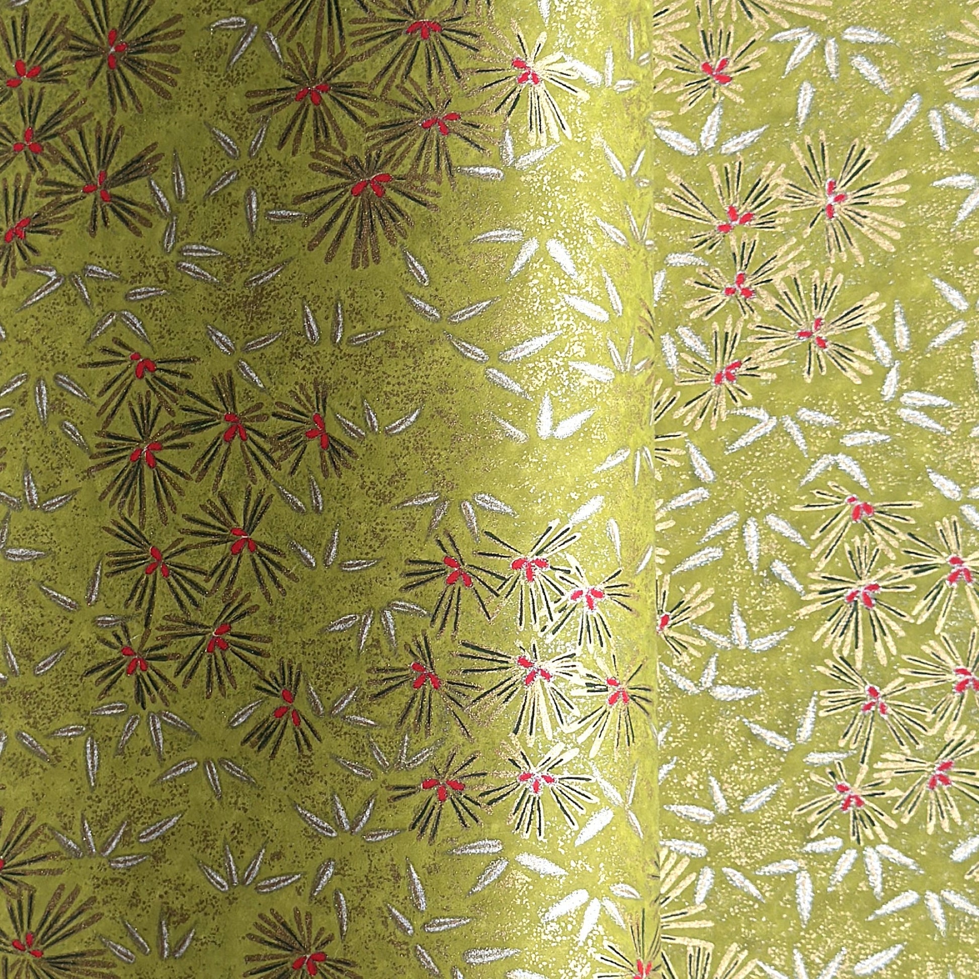 Pattern of scattered pine needles (matsuba) in gold and silver on an olive backdrop.  Japanese chiyogami paper