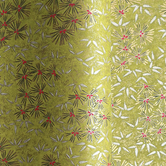 Pattern of scattered pine needles (matsuba) in gold and silver on an olive backdrop.  Japanese chiyogami paper