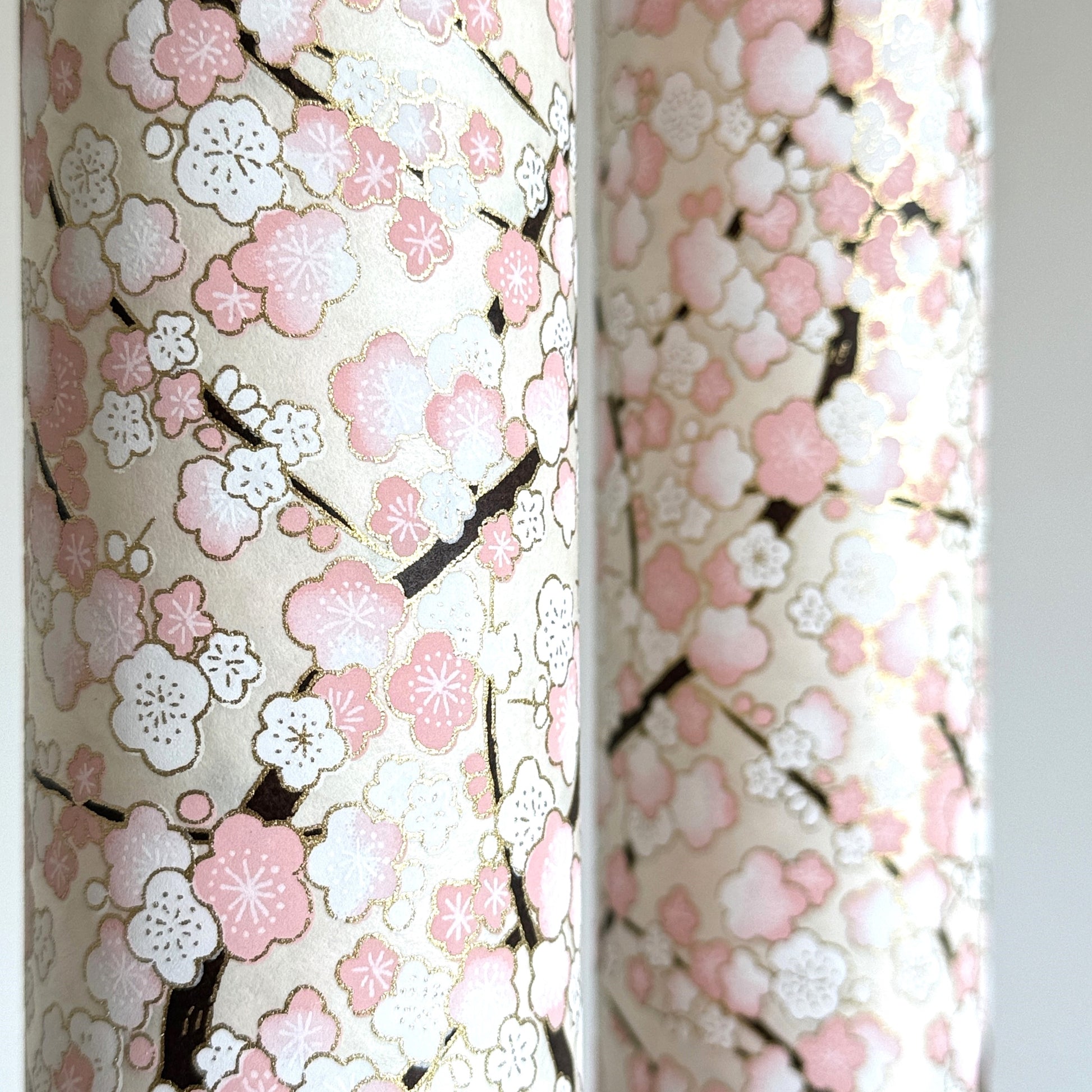 Japanese chiyogami paper with pale pink plum blossom, dark brown branches on an ivory background. Rolled 