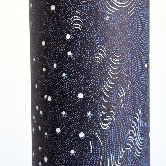 Japanese chiyogami paper.  Inky blue with a subtle pattern of a riverbank of flowers.  Close up